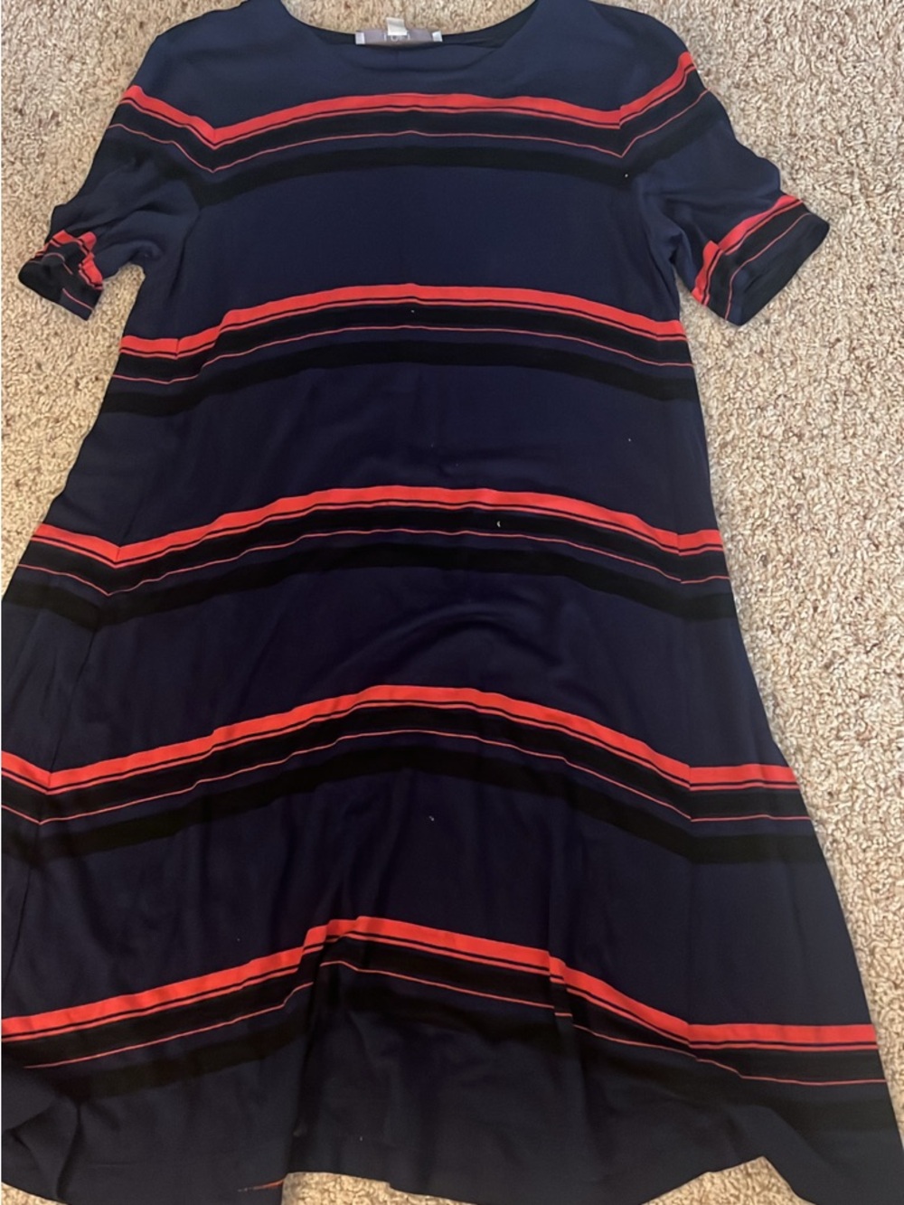 LOFT Navy and Red Striped Midi Dress